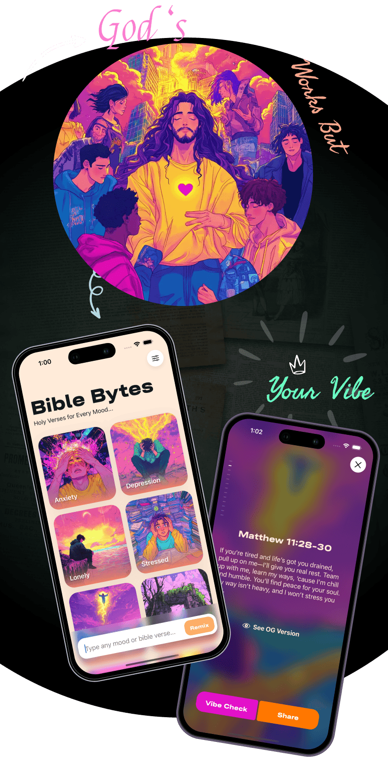Gen Z Bible app screens showing mood-based Bible verses and Bible stories