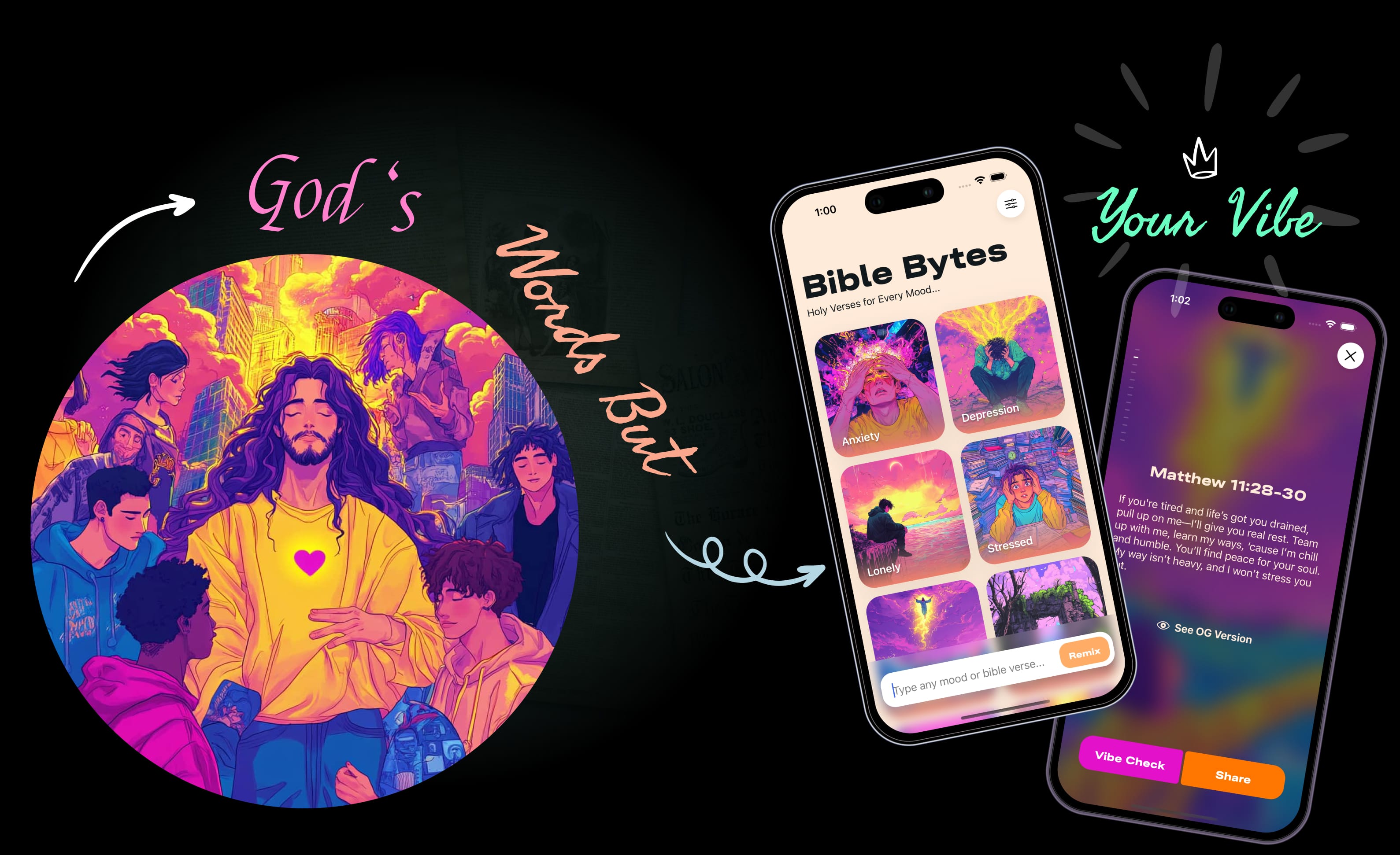 Gen Z Bible app screens showing mood-based Bible verses and Bible stories